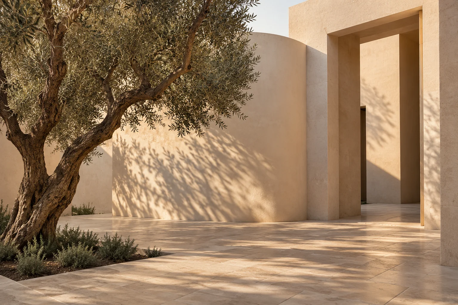 Natural light on limestone in an imagined architectural courtyard