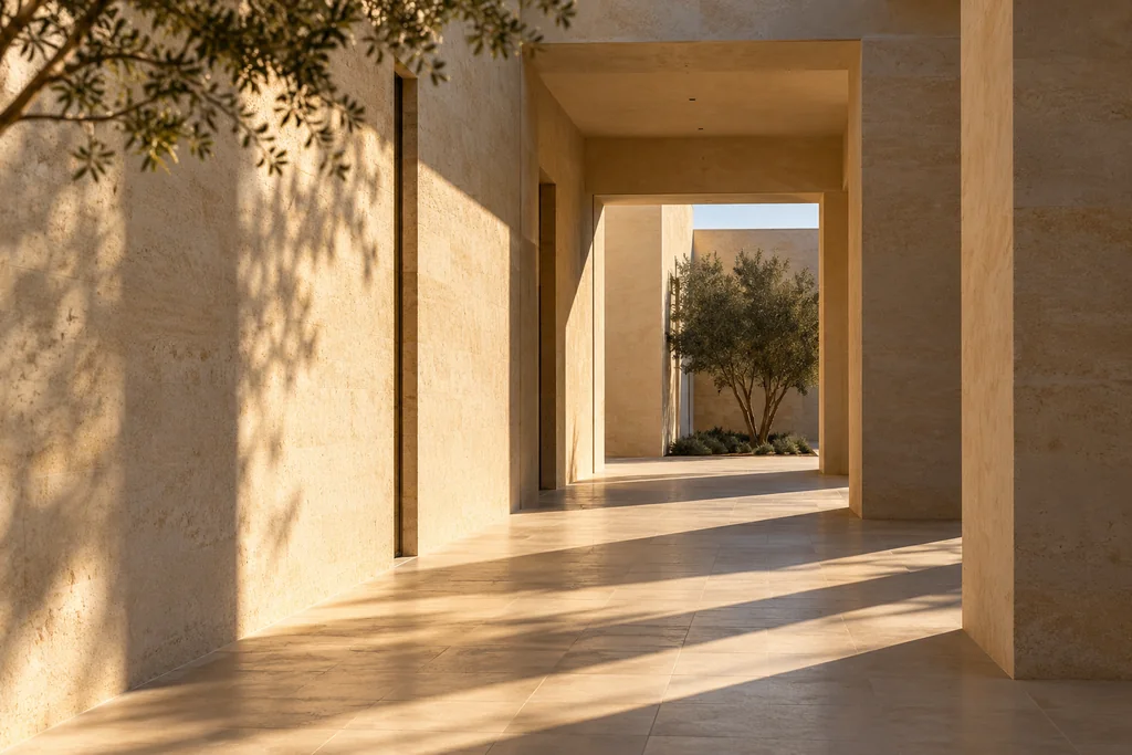 An imagined architectural detail combining daylight, stone and shadow