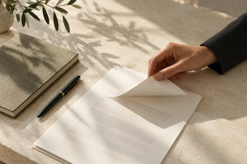 An illustrative detail of reviewing papers on a stone surface